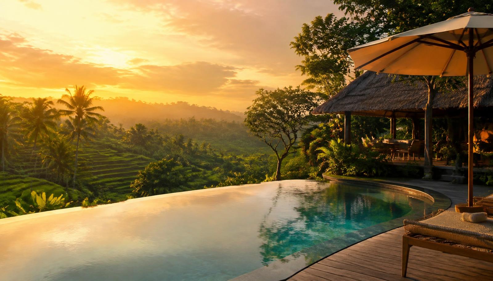 Infinity pool over Bali rice terraces